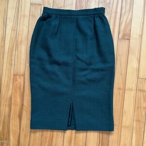 Vintage JAEGER 100% Wool Pencil Skirt Dark Green Midi Slit Size 12, waist 26 in